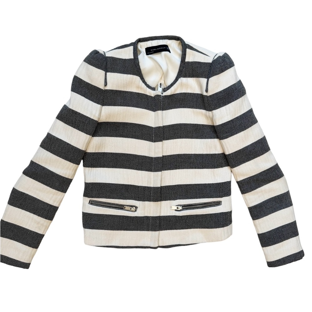 Zara Woman Moto Blazer XS Black White Minimalist Striped Parisian Style Chic
